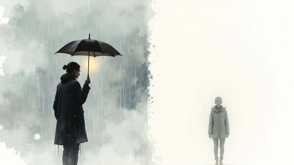 Two figures in contrasting worlds: one protected by an umbrella in rain, one isolated in white.