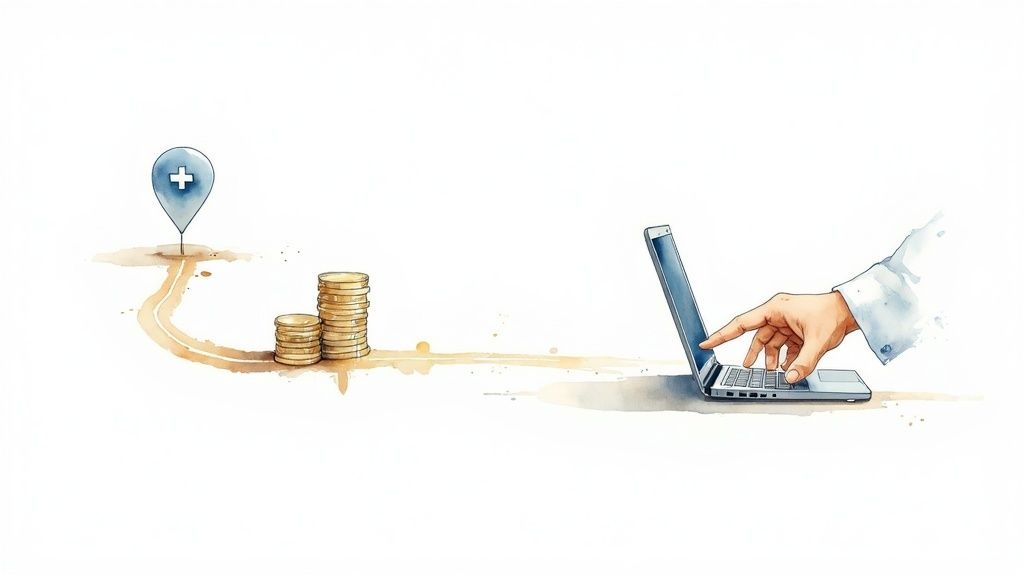 Hand typing on laptop connected to stacks of coins and location pin representing digital mental health access