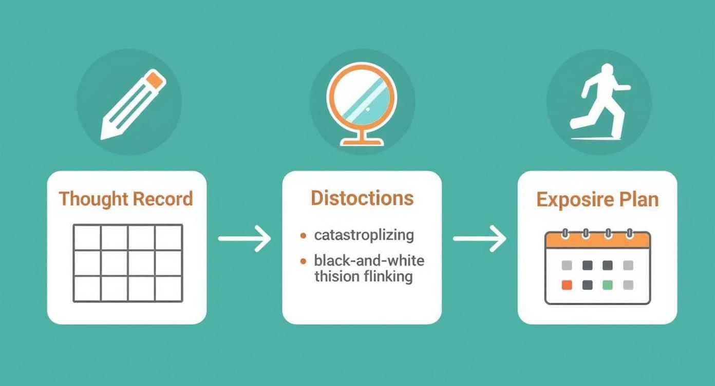 Infographic showing the CBT worksheet process flow from Thought Record to identifying Distortions to creating an Exposure Plan.