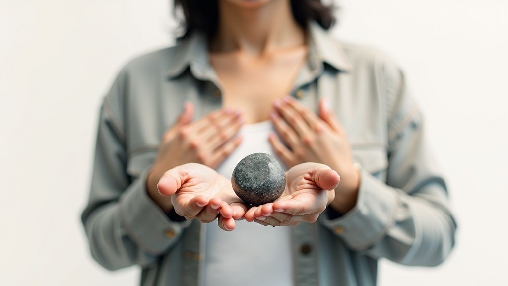 A person holds a smooth, dark stone in their cupped hands, with their other hands resting on their chest.