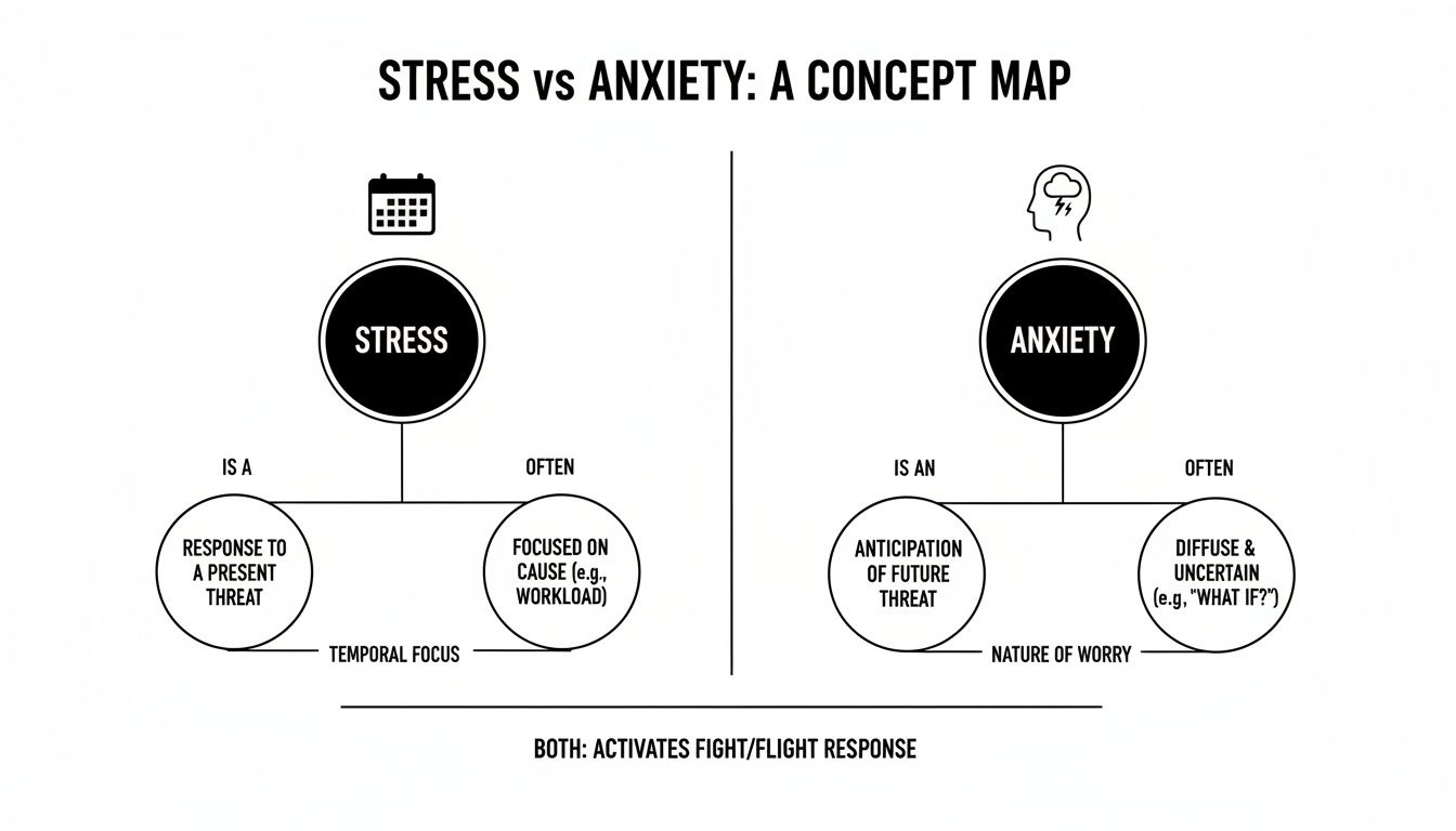 A concept map distinguishing stress and anxiety, detailing their causes, temporal focus, and nature of worry.