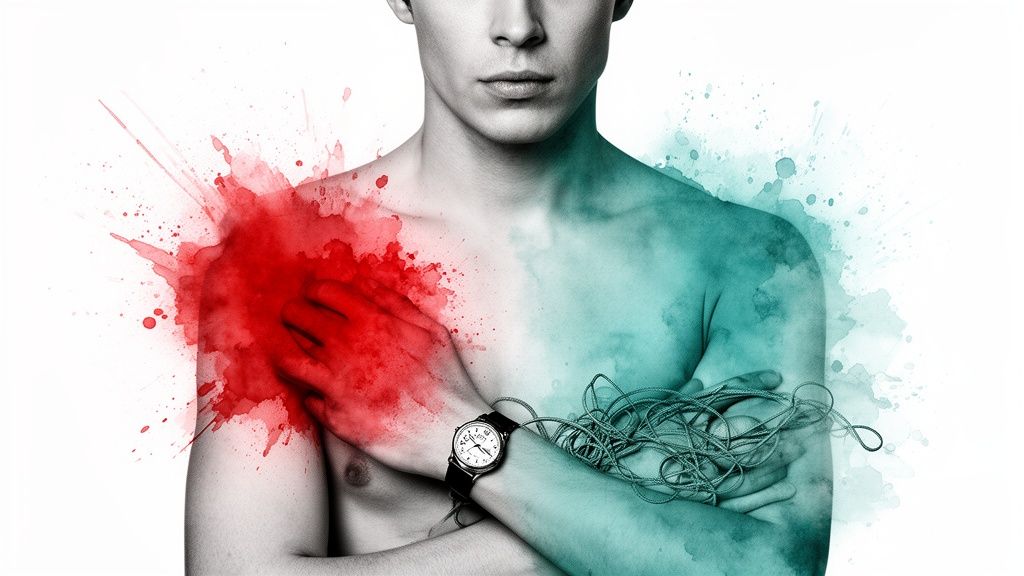 A person with one side painted red for pain, the other teal with tangled strings, symbolizing inner conflict.