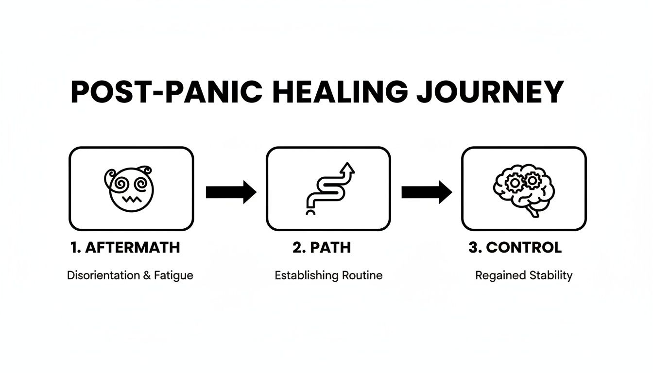 A diagram illustrates the three-step post-panic healing journey: Aftermath, Path, and Control.