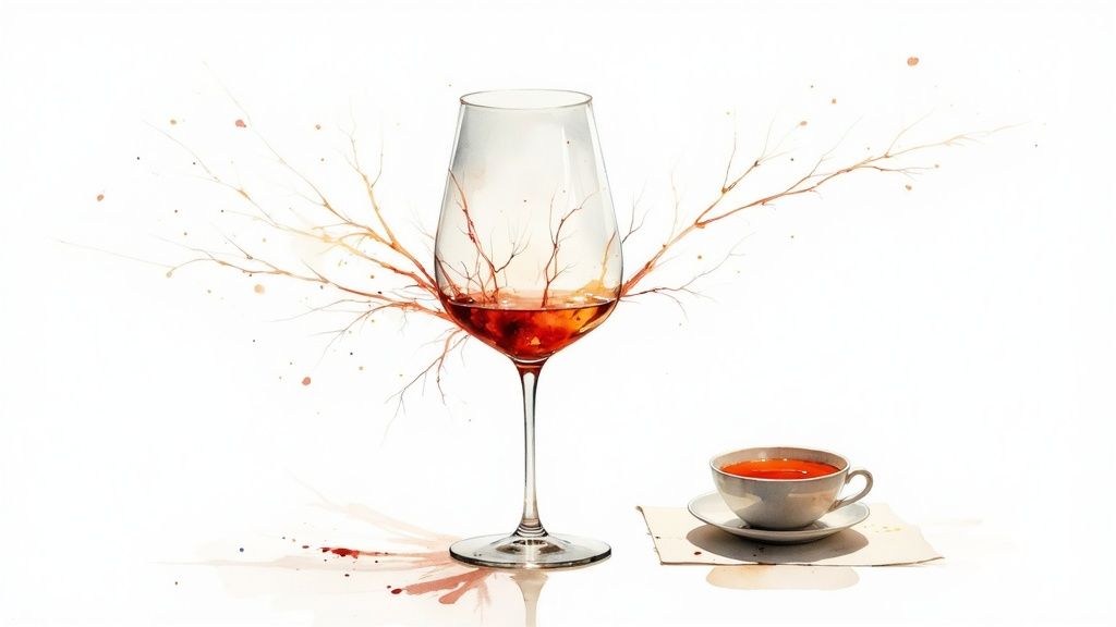 Abstract watercolor painting of a wine glass with branching elements and a teacup with warm liquid.