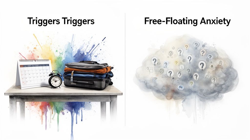 Illustration differentiating specific anxiety triggers like a calendar and luggage from free-floating anxiety with vague question marks.