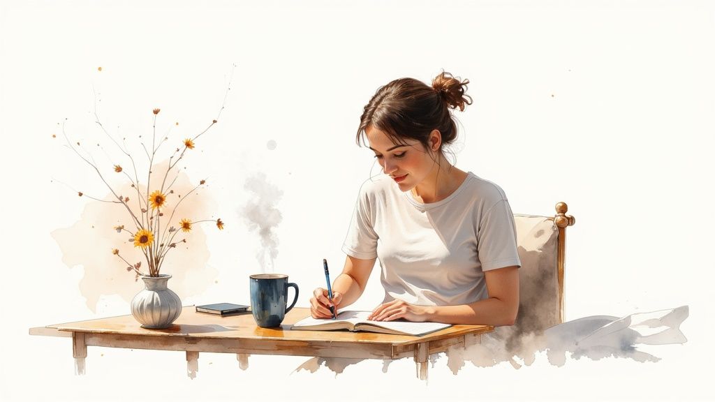 A person sitting on a bed in the morning, looking thoughtful and calm.