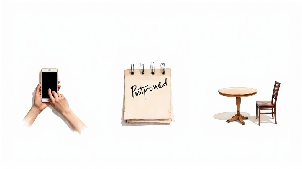 Hands hold a smartphone, next to a notebook with 'Postponed', and a wooden table with a chair.