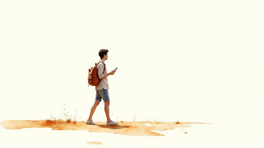 A young man with a backpack walks on a dirt path while looking at his phone.