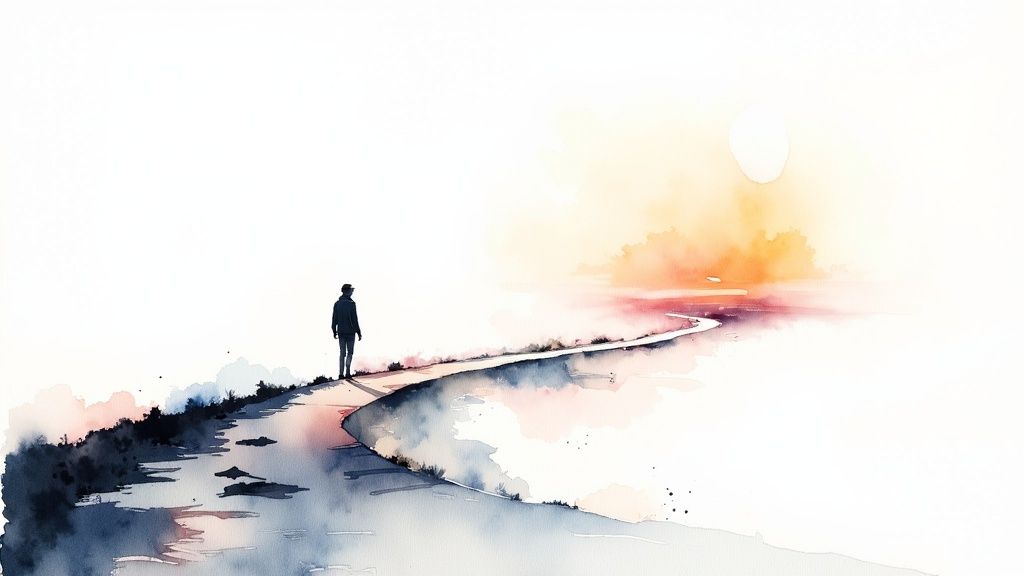 A person standing on a cliff edge, looking out at a sunrise, symbolizing hope and overcoming fear.