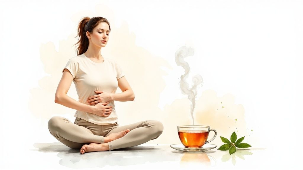 Person holding their stomach and looking thoughtful.