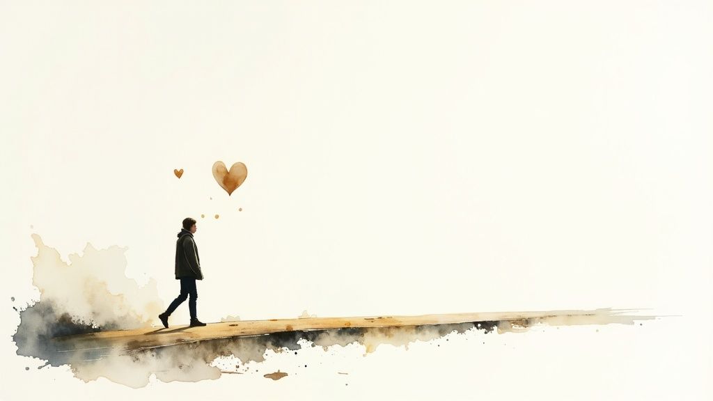 Person walking alone on golden path with floating hearts symbolizing emotional journey and healing