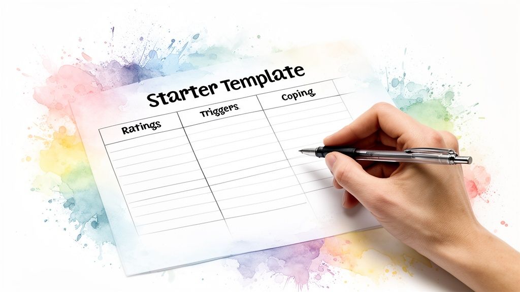 A hand writes on a 'Starter Template' for mental health with 'Ratings', 'Triggers', and 'Coping' columns.