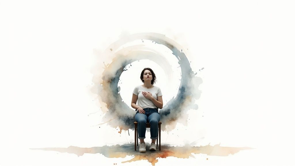 A woman meditates on a chair with eyes closed, hand on chest, surrounded by watercolor art.