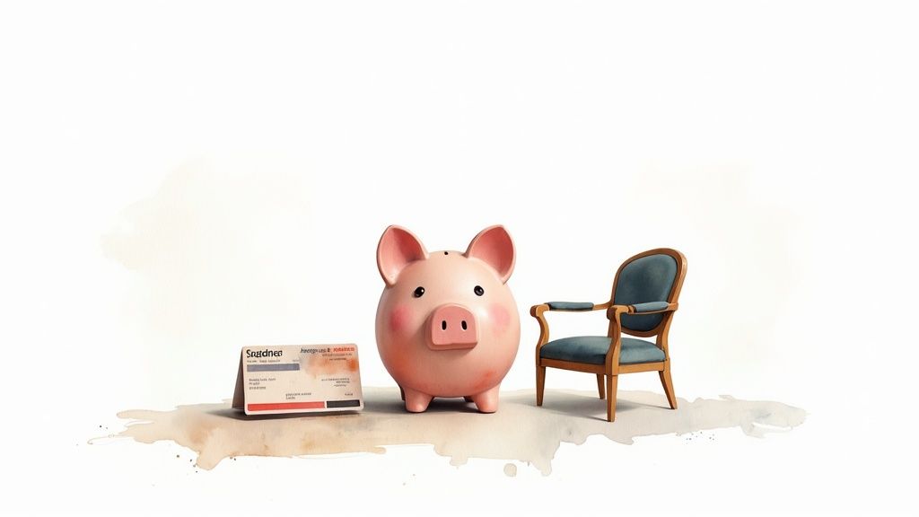 Piggy bank next to insurance card and chair representing financial barriers to mental health treatment