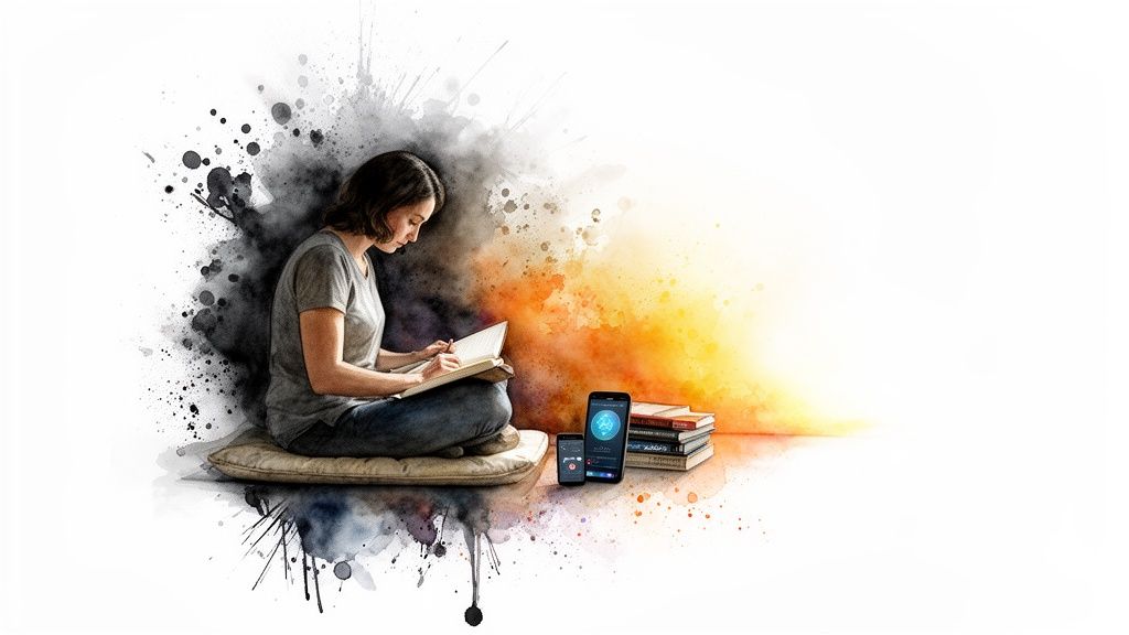 Woman reading a book on a cushion, surrounded by watercolor splatters, books, and smartphones.