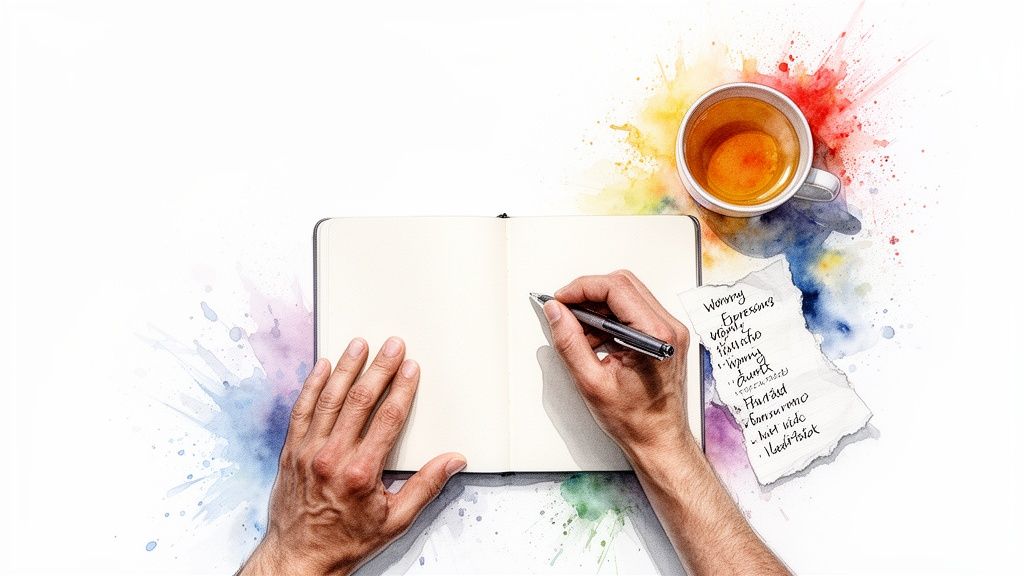 Top-down view of hands writing in a notebook, with a cup of tea and a handwritten list.