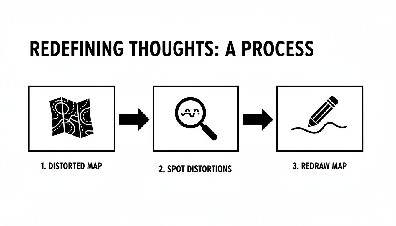 A visual process showing steps to redefine thoughts: identify distorted maps, spot distortions, and redraw the map.