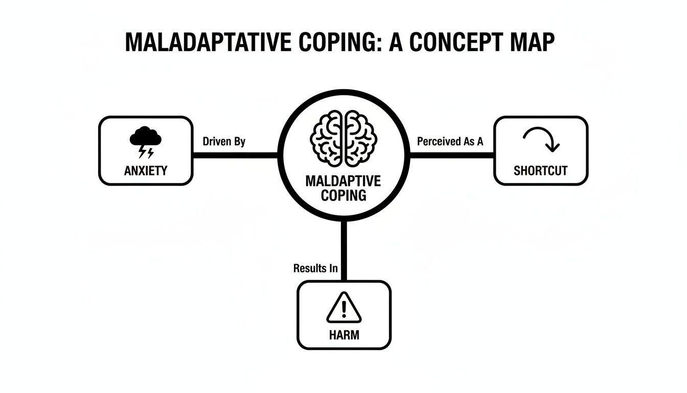 A concept map illustrating maladaptive coping, showing it's driven by anxiety, perceived as a shortcut, and results in harm.