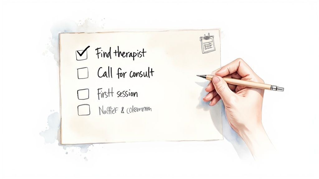 Hand holding pen over checklist for finding therapist with first item checked off