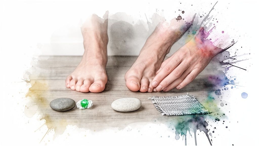 Bare feet and hands on a wooden floor, with two stones, a green candy, and fabric, enhanced with watercolor splashes.