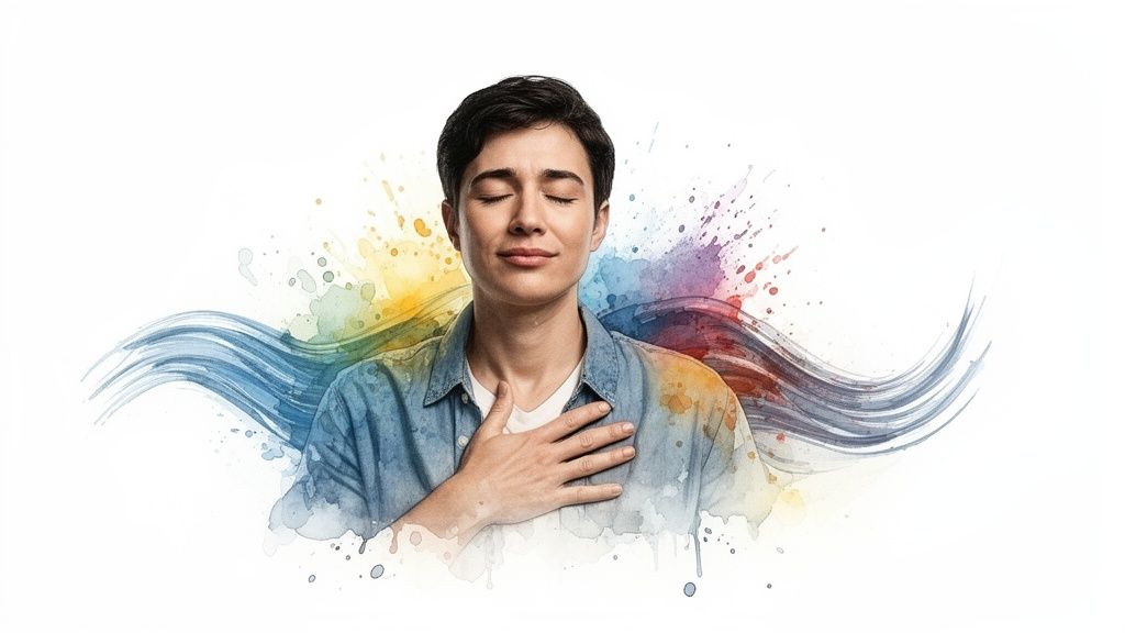 A person with closed eyes and hand on chest, surrounded by colorful watercolor splashes, depicting peace and mindfulness.