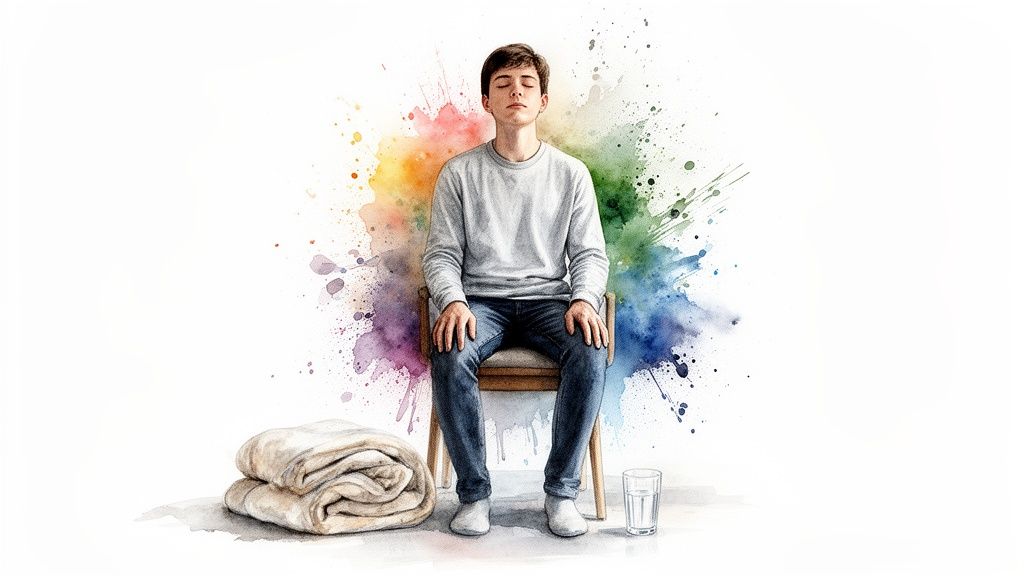 A serene young man meditating on a chair, surrounded by colorful watercolor splashes and mindful elements.