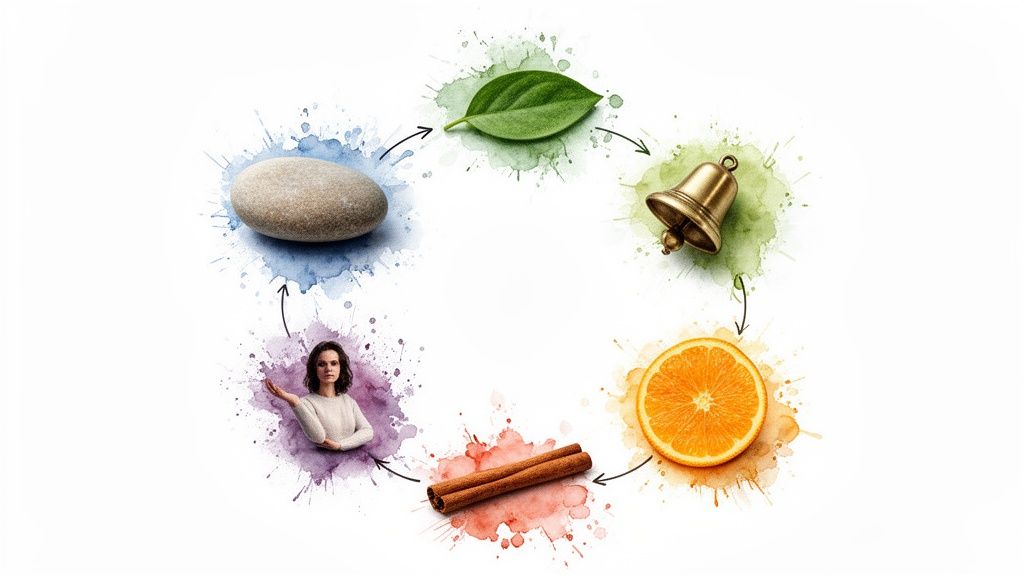 Colorful circular diagram illustrating emotional regulation strategies with a stone, leaf, bell, orange, cinnamon, and a woman.