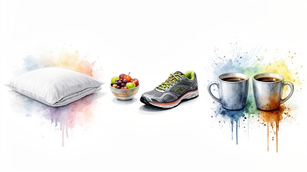 A pillow, fruit bowl, running shoe, and two coffee mugs with colorful watercolor splashes.