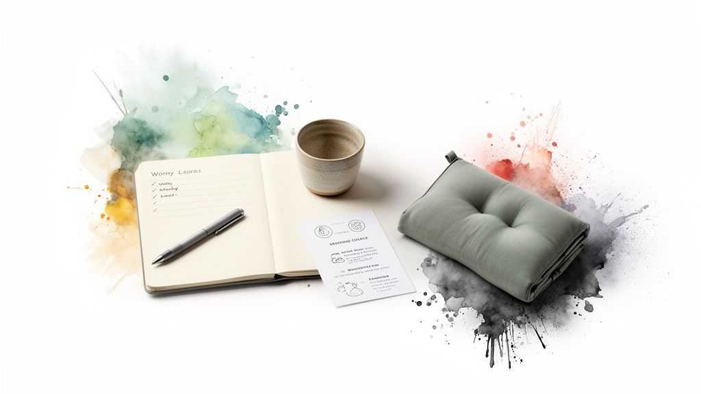 A flat lay of a notebook with a checklist, pen, ceramic cup, paper, and a green cushion, surrounded by colorful watercolor splashes.