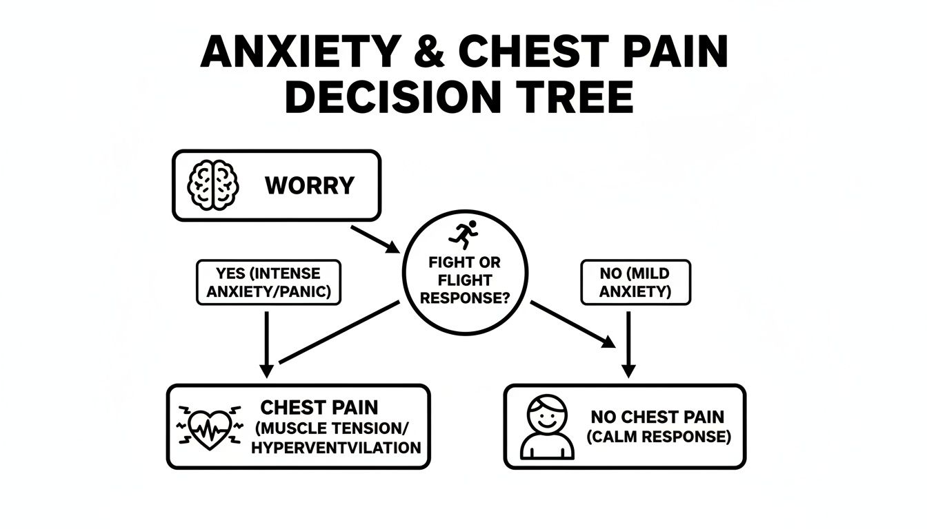 Decision tree illustrating how worry, intense anxiety, or panic can lead to chest pain, while mild anxiety results in no chest pain.
