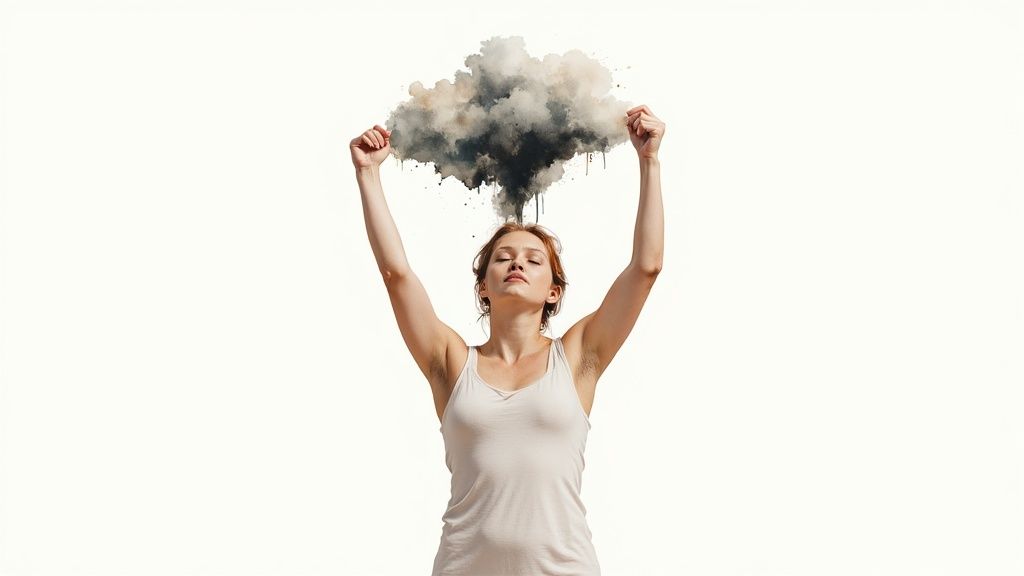 Woman holding arms up with dark cloud above head representing mental health struggles and emotional burden