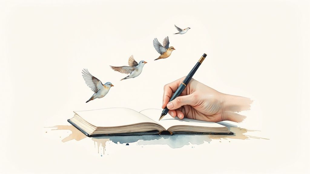 Hand writing in open book with birds flying upward symbolizing creative freedom and expression