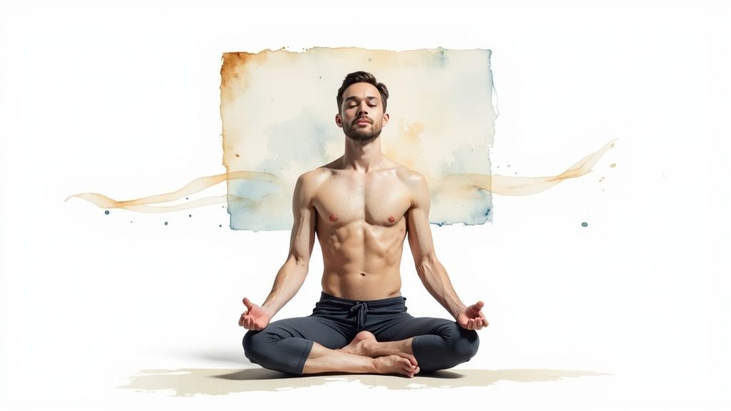 A person practicing a calming breathing exercise outdoors, with a serene natural background.