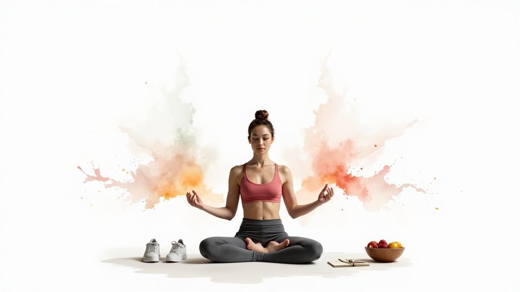Woman in lotus pose meditating amidst vibrant color bursts, with running shoes and a fruit bowl.