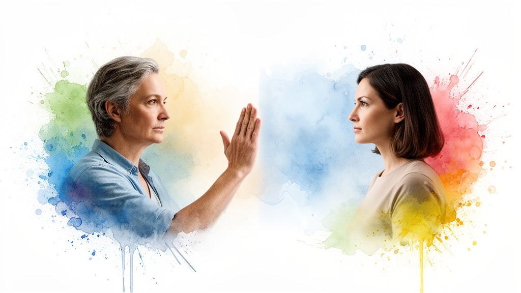 Two women, one older and one younger, reaching out across a colorful, abstract emotional divide.