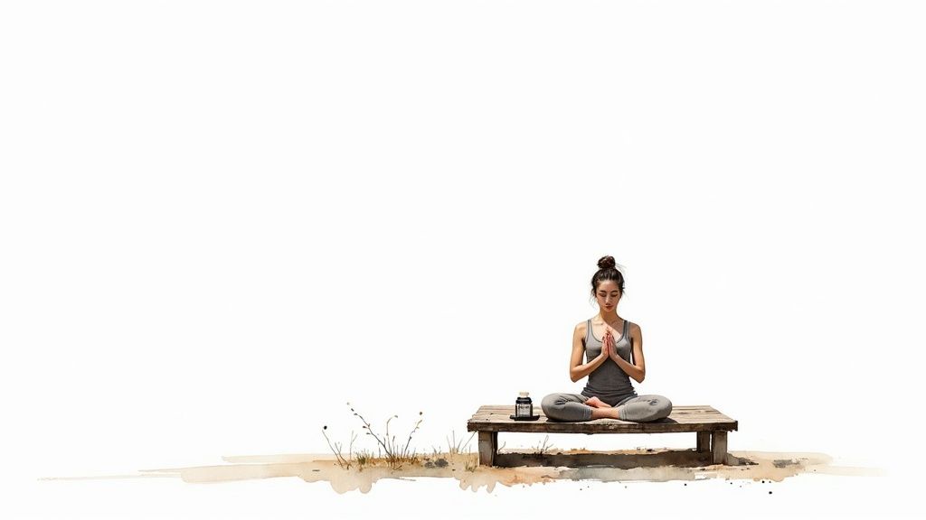 Woman meditating in lotus pose on wooden bench practicing mindfulness and stress relief techniques