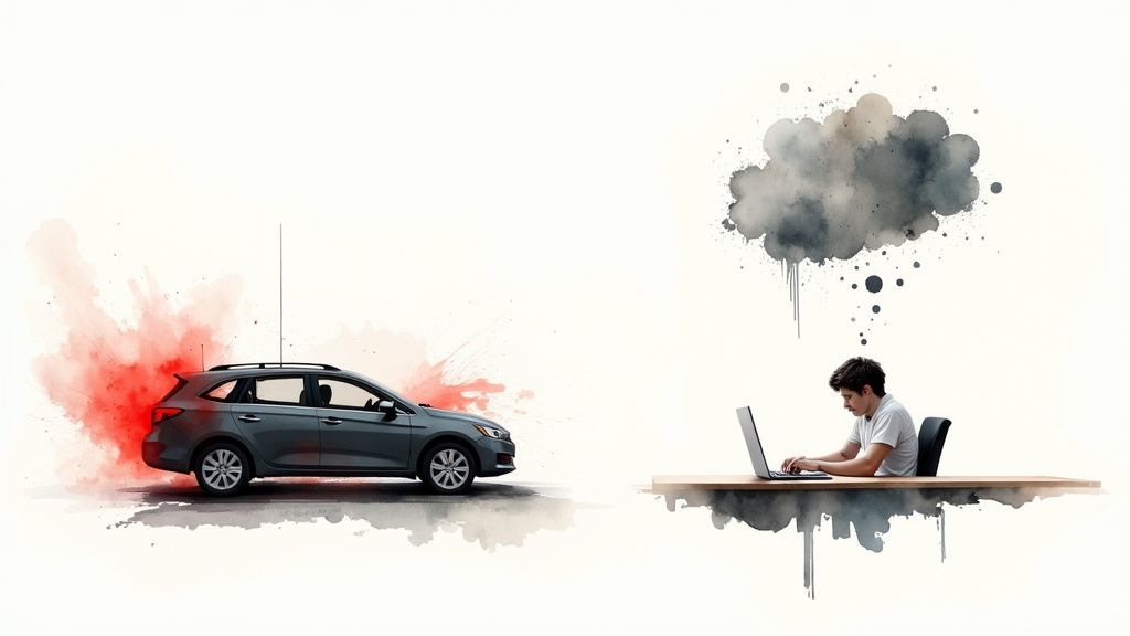 Conceptual image of a car emitting red smoke and a man with a dark thought cloud.