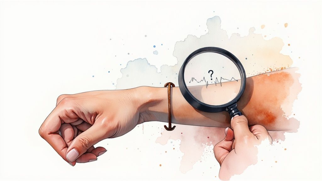 Magnifying glass examining pulse line on arm illustrating health anxiety and medical concern monitoring