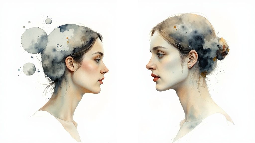 Two women facing each other in artistic watercolor portrait showing contrasting mental states