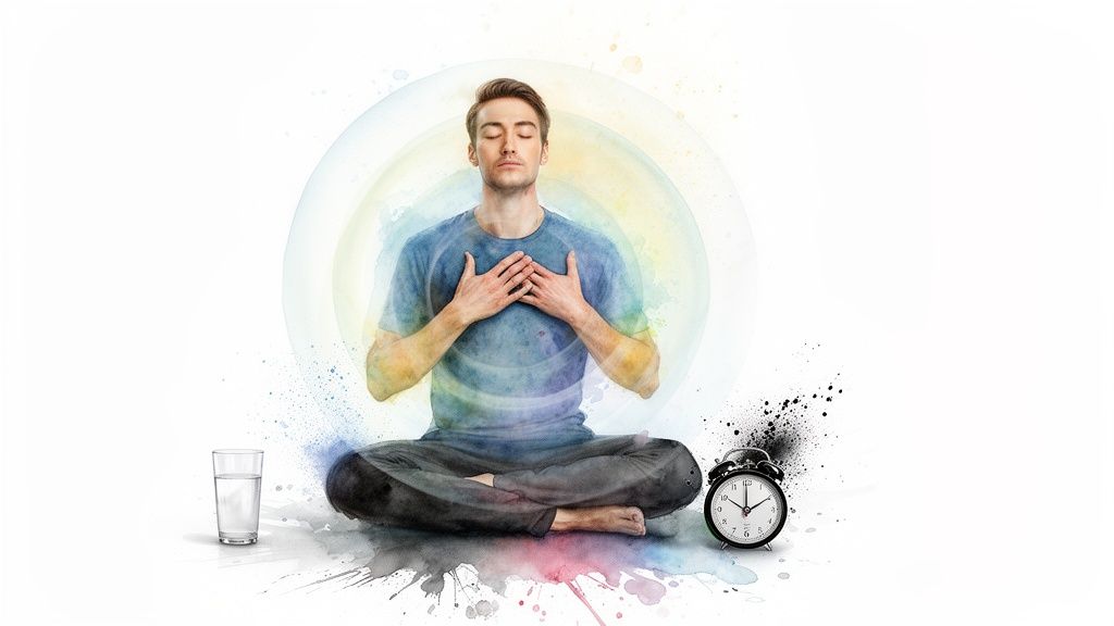 A man meditating, eyes closed, hands on chest, with watercolor circles, a glass of water, and an alarm clock.