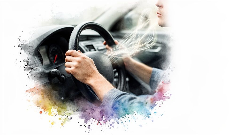 Person driving a car with hands on the steering wheel, surrounded by calming watercolor effects and flowing lines.