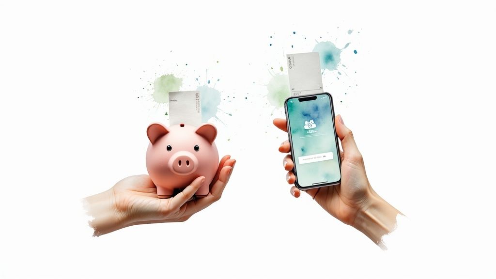 Hands holding piggy bank and smartphone displaying mental health app with financial planning concept