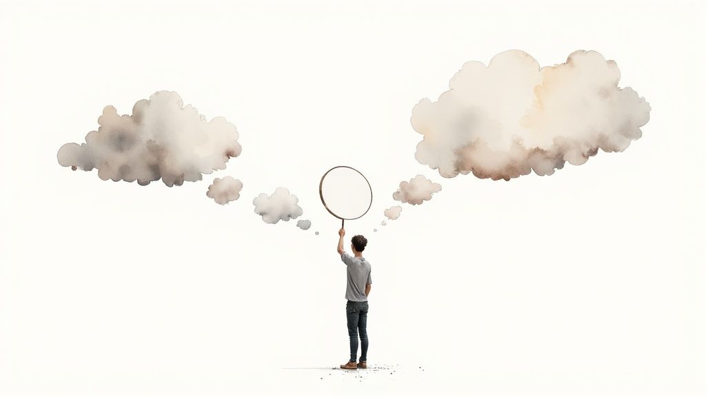 A person holds a blank circular sign upwards, surrounded by multiple watercolor thought clouds.