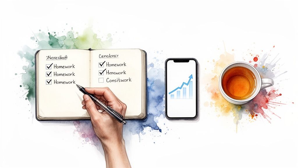 A hand writing in a notebook with checkboxes, a smartphone showing a growth chart, and a cup of tea.