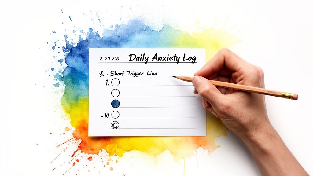 A hand with a pencil poised over a 'Daily Anxiety Log' form with watercolor background.