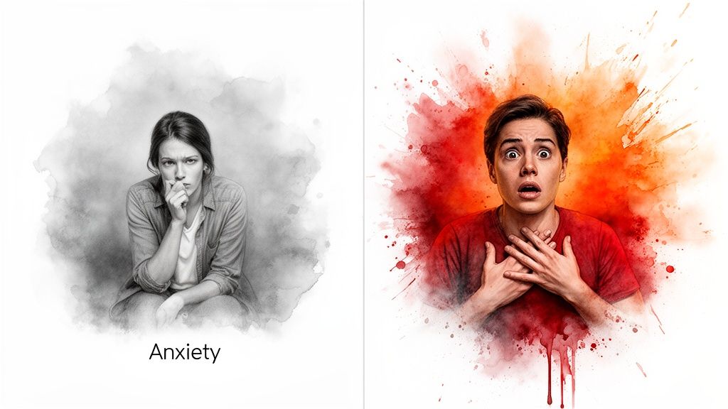 Two images contrasting anxiety (pensive woman) with panic disorder (shocked man with explosive background).