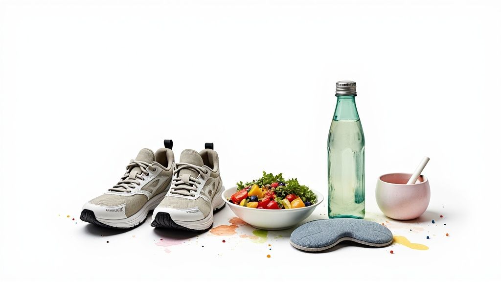 A healthy lifestyle flat lay with running shoes, a fresh salad, water bottle, and sleep mask.