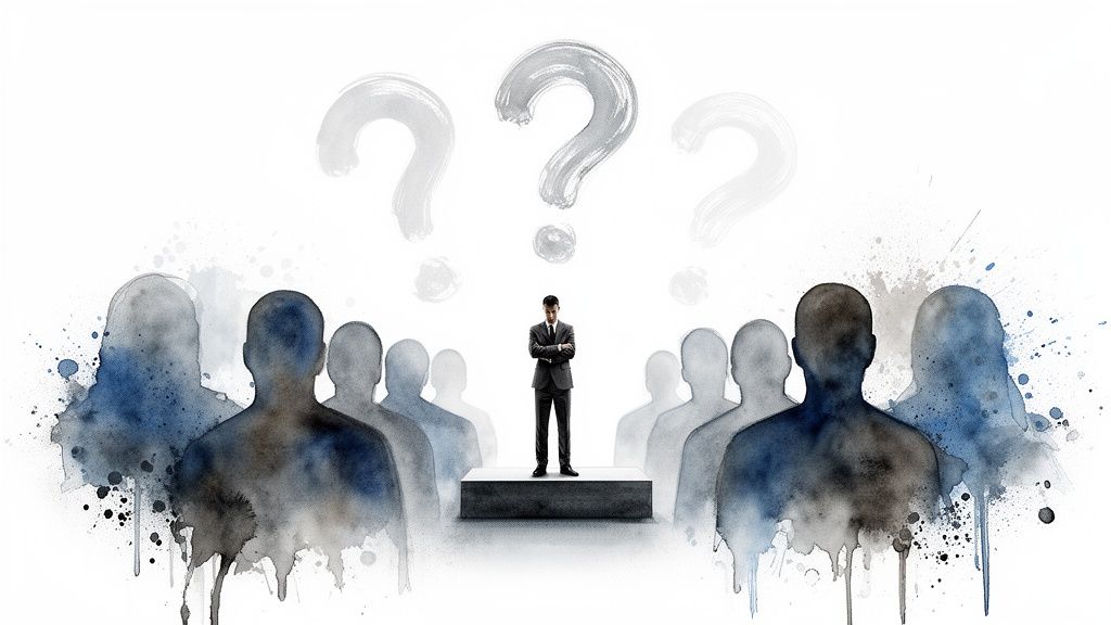 A man on a podium faces a crowd of silhouettes under large question marks, depicting uncertainty and inquiry.
