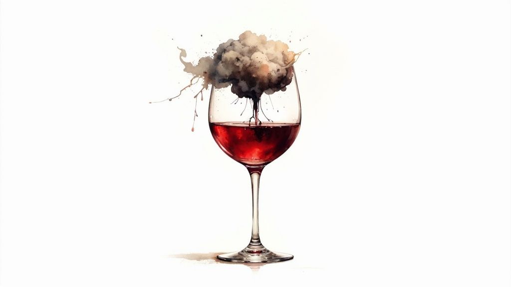 A surreal watercolor shows a wine glass with red liquid and a stormy thought cloud emerging from it.