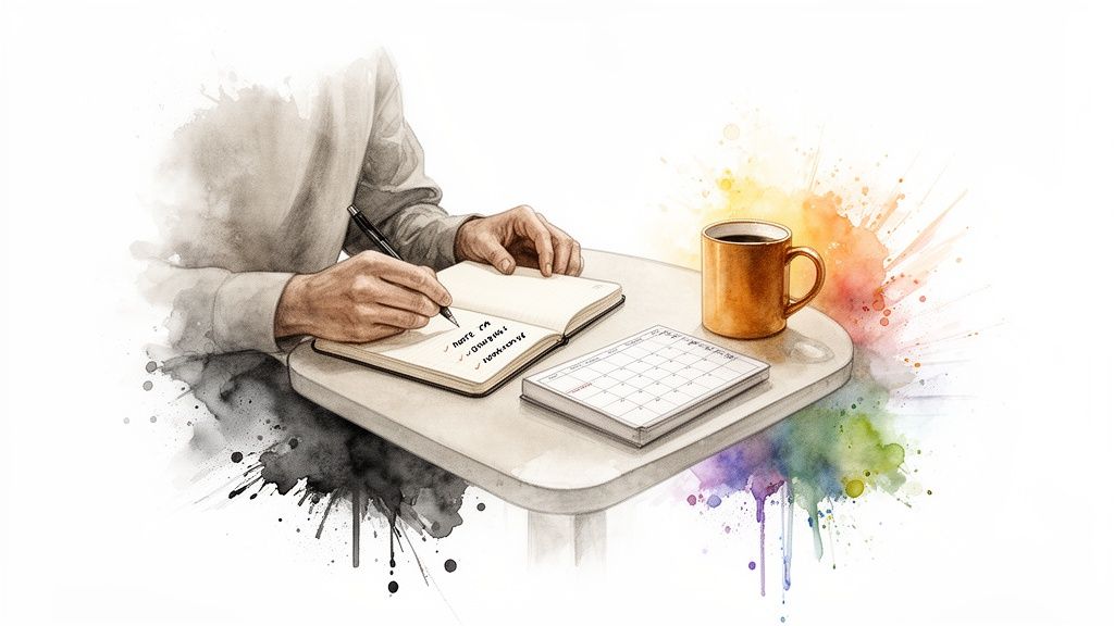 Watercolor illustration of hands writing a checklist in a notebook next to a calendar and coffee mug.